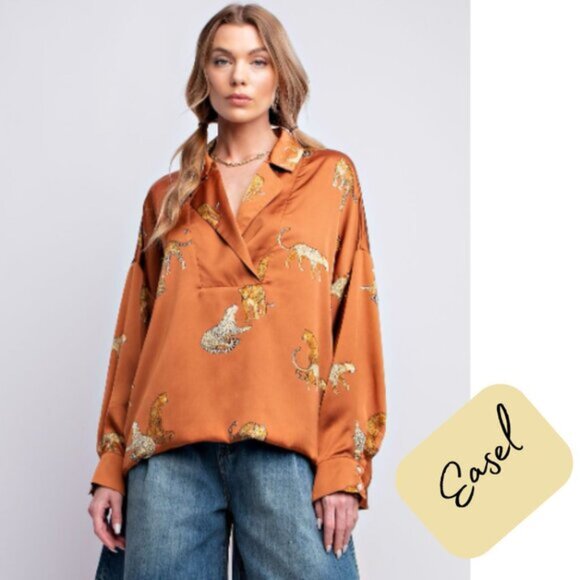 Wild Elegance: Easel Animal Print Satin Blouse NWT - Picture 2 of 6